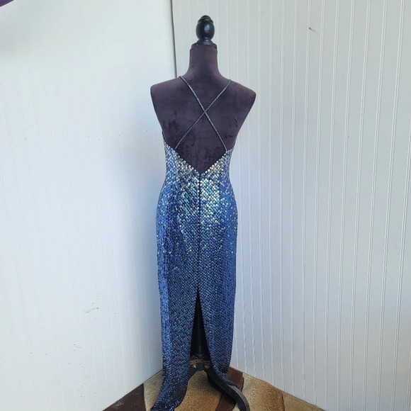 Cache Womens Sequin Blue Silver Maxi Formal Dress Prom Queen Slit Open Back Sz 4 - Picture 2 of 16